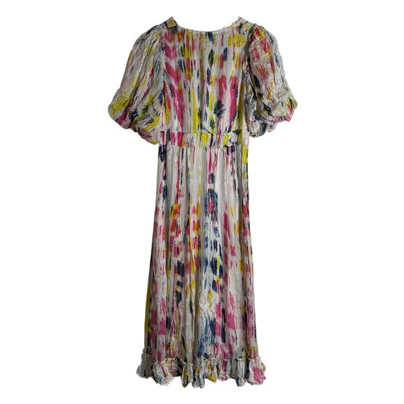 Hemant & Nandita Jorah Multicolor Tie Dye Print V-Neck Puff Sleeve Midi Dress XS - Picture 15 of 16
